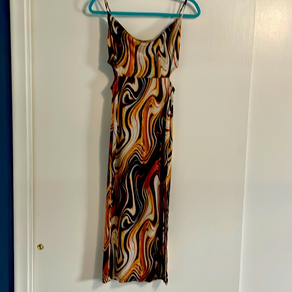 Brown swirl cowl neck midi dress